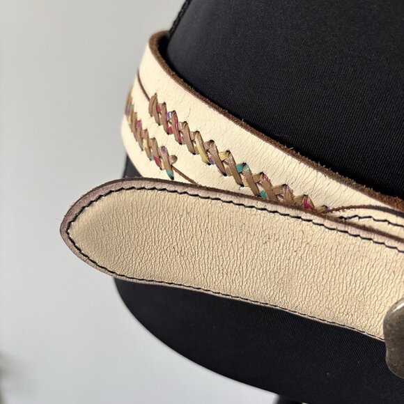VTG Lucky Brand Leather Belt Womens L Flower Buckle Y2K Boho Southwestern Navajo - Picture 2 of 16